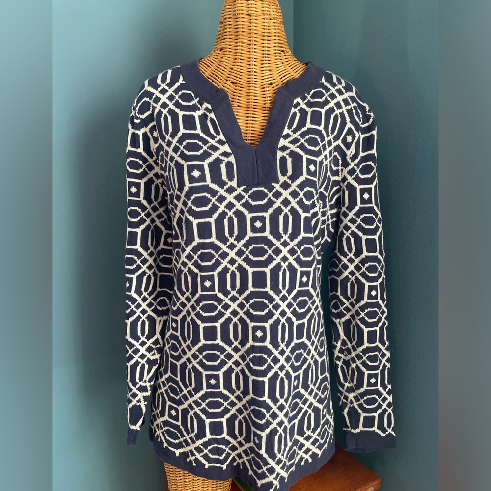 Lands’ End V-Neck Tunic Pullover Sweater Size 1X Blue White Long Sleeve Cotton